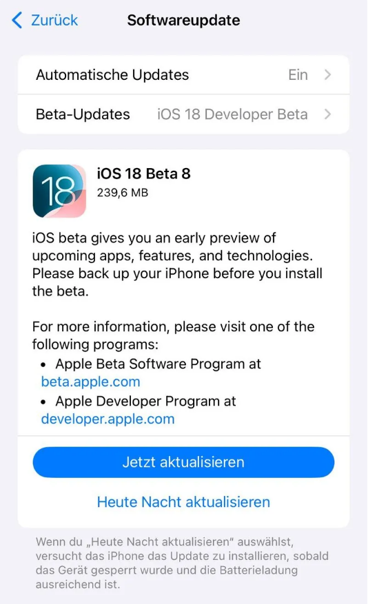 鲤城苹果手机维修分享苹果 iOS / iPadOS 18 开发者预览版 Beta 8 发布 